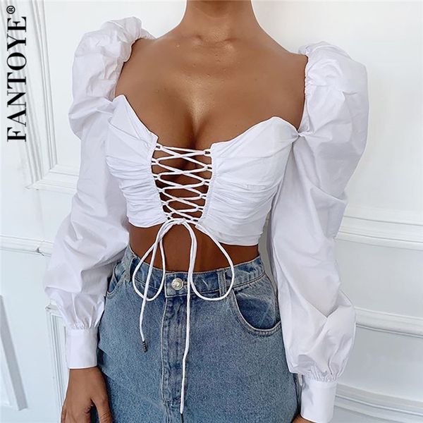 

fantoye lace up strapless corset crop women puff sleeve hollow out bandage tank short casual backless autumn, White