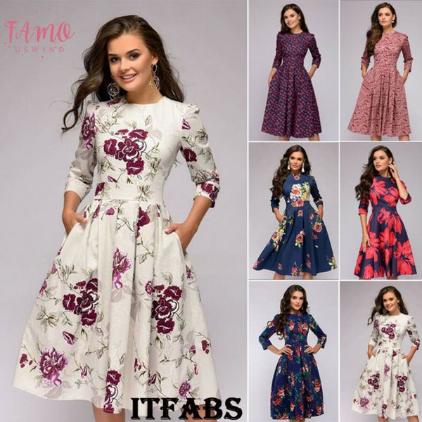 

2020 women a line style tunic 3 4 long sleeved floral print bodycon vintage party vintage vestido, Black;gray