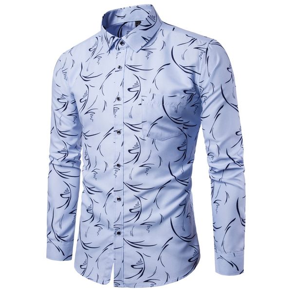 

fashion men's autumn casual shirts 2019 long sleeve turn down collar digital broken flower lstylish men blouse blue, White;black