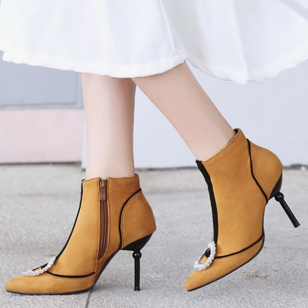 

rimocy luxury rhinestone pointed toe ankle boots for women fashion mix color thin high heels shoes woman plus size shoes female, Black