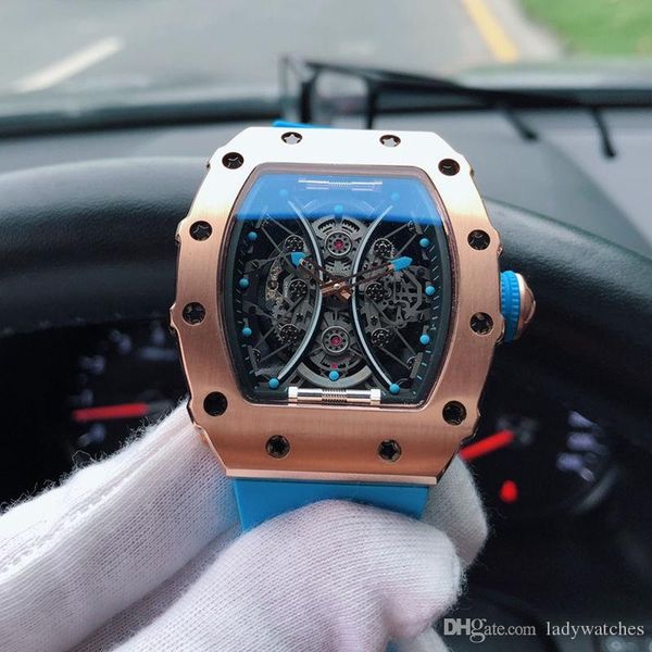 

luxury mens watch rm053-01 fully automatic movement 904l stainless steel case blue natural rubber strap diameter 43mm 15mm with box c29, Slivery;brown