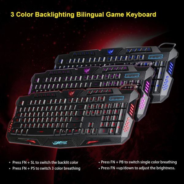 

sale russian version three colors crack illuminated led backlight usb wired multimedia pc gaming keyboard for lol dota