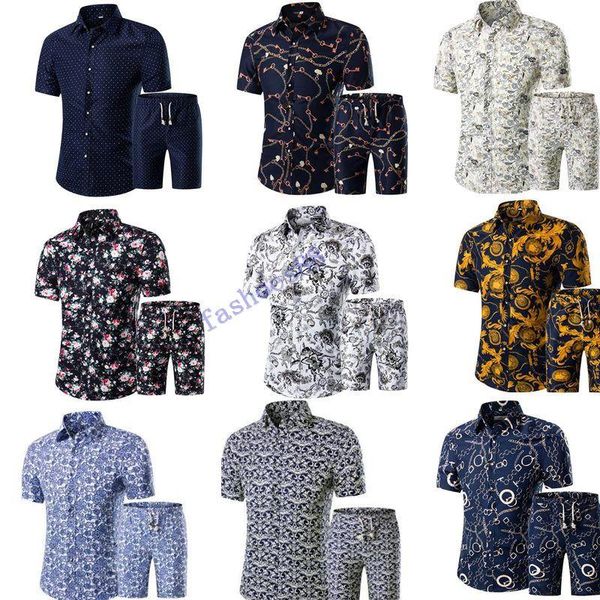 

горячие 2019 мужские рубашки+шорты набор новый летний повседневный печатный гавайская рубашка homme короткие мужские печати платье костюм на, White;black