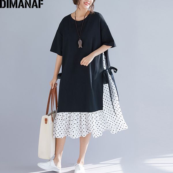 

dimanaf plus size women dress summer sundress fashion print dot cotton female lady vestidos spliced black loose beach dress 2019, Black;gray