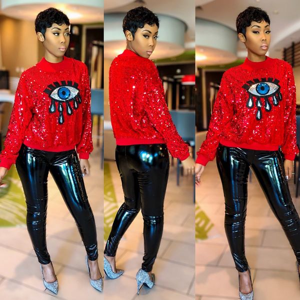 

женщины блестками толстовки мода глаза губ шаблон дизайнер толстовки о-образным вырезом случайные пуловеры толстовки, Black