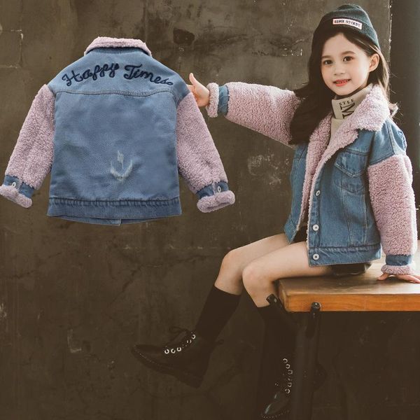 

children's clothing autumn and winter denim outwear stitching lapel short coat girl denim jacket with velvet trench coat windbreaker, Blue;gray