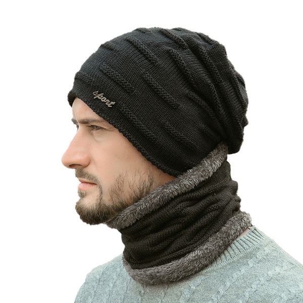 

новый beanie hat шарф set мужчины осень зима толстые тепловое пушистый волейбол носить спортивный открытый одежда вязаная шапка шеи грелка г, Black;white