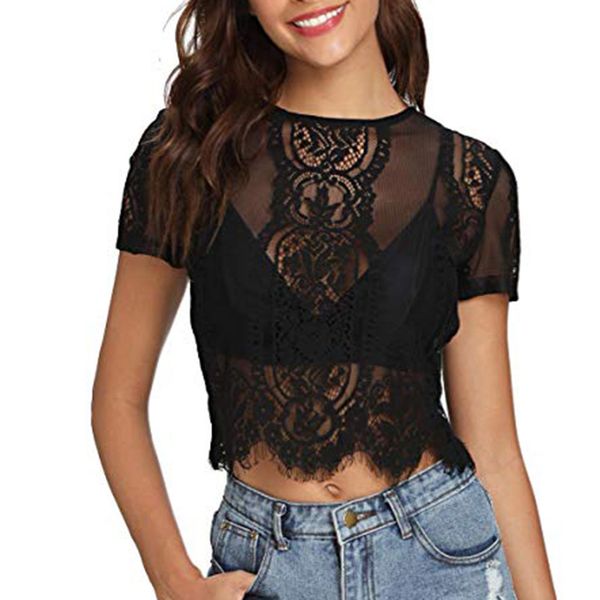 

feitong women summer short sleeve sheer t shirt female mesh floral lace crop lace t-shirt women neck cloth#y45, White