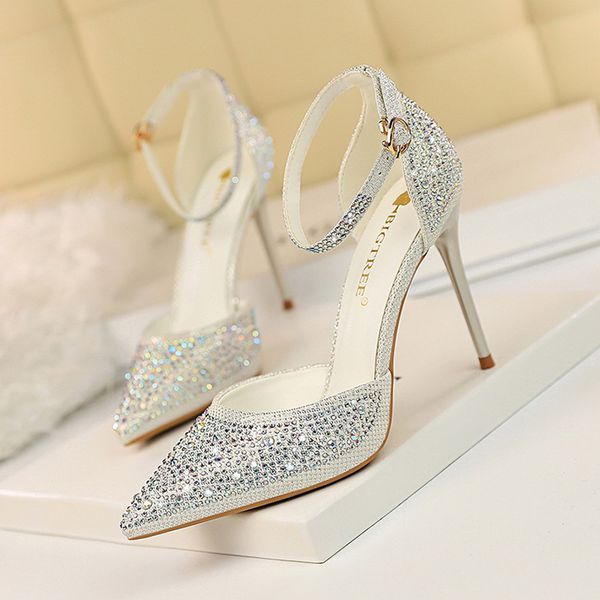 

dress shoes sweet high-heeled stiletto high heels shallow mouth pointed toe cutout with shiny rhinestone women's sandals ladies, Black