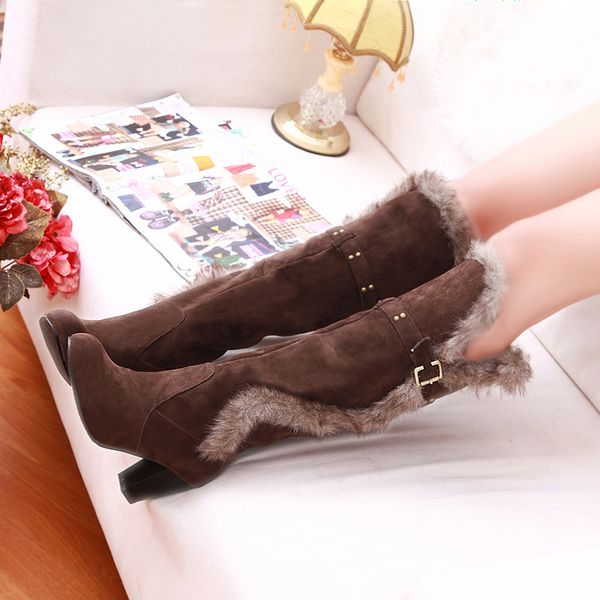 

2018 women plus size 43 winter knee high pointed toe .5cm high heels boots female suede plush block heels long boots lady shoes, Black