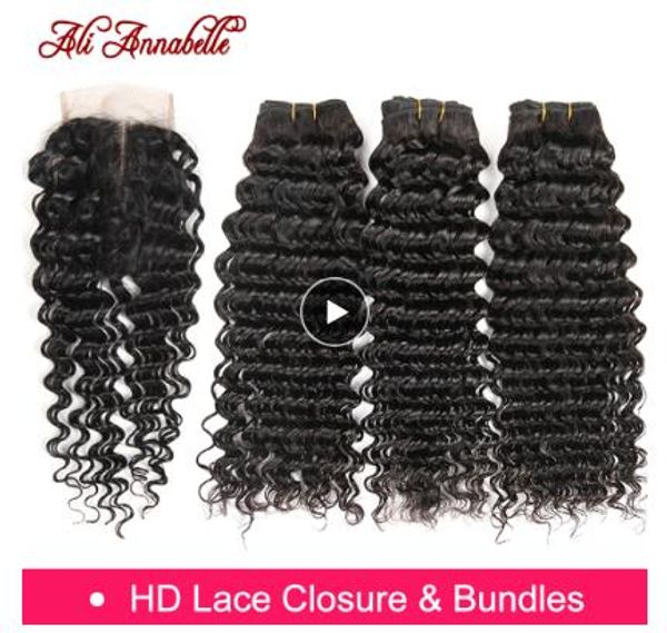 

связки человеческих волос с закрытием remy hair 3 связки бразильские глубокие человеческие волосы с закрытием шнурка, Black;brown