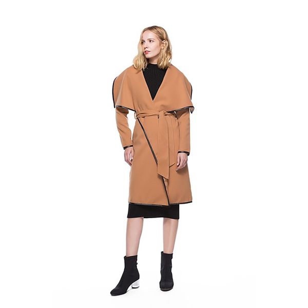 

winter coat women cotton solid vintage slim wool coat long with belt camel outwear elegant female clothes office lady solid, Black