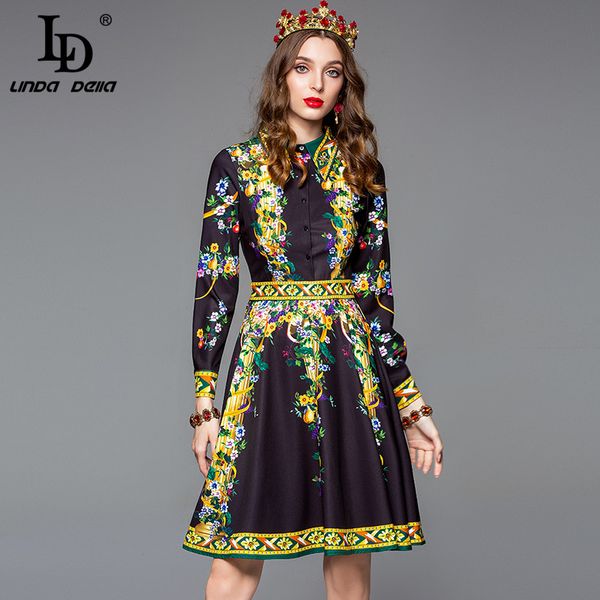 

ld linda della runway fashion designer autumn dresses women's long sleeve a line elegant floral print black vintage dress, Black;gray