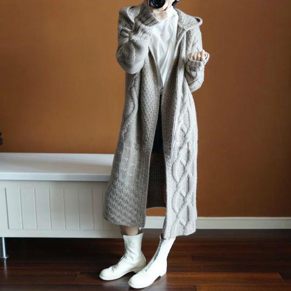 

autumn and winter new cashmere women's hooded long loose cardigan over the knee thick solid color twist sweater, White;black
