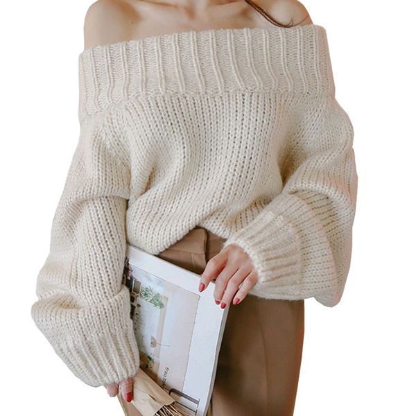 

spring and autumn new style off-the-shouldercollar knit sweaterloose pullover short lantern sleeve sweater elegant sweater women, White;black