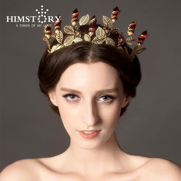 

himstory european retro gold crown vintage wedding party quinceanera tiaras and crowns pageant rhinestone leaves hair crown, Golden;white