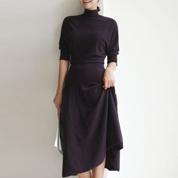 

autumn women knitted dress 2019 korean basic plain long sweater dresses minimalist style office ladies a line causal black dress, Black;gray