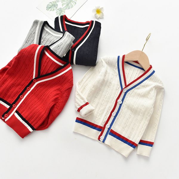 

2019 autumn and winter new style europe and america boy's knitted sweater ins selling v-neck linen flower color cardigan pur, White