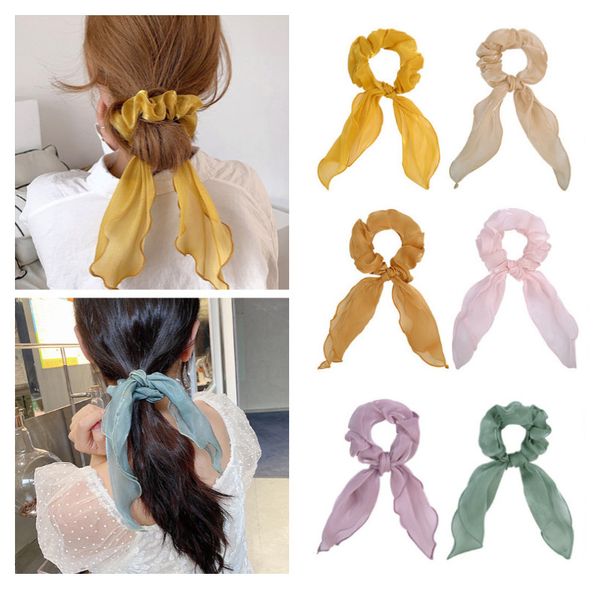 

ins silk hair scrunchies for women accessories hair bands ties ponytail holder rubber rope decoration long bowknot, Slivery;white