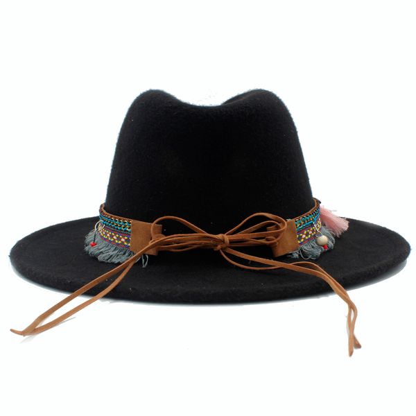 

new wool women men felt fedora hat with tassel bohemia ribbon elegant lady winter autumn jazz church godfather sombrero caps, Blue;gray