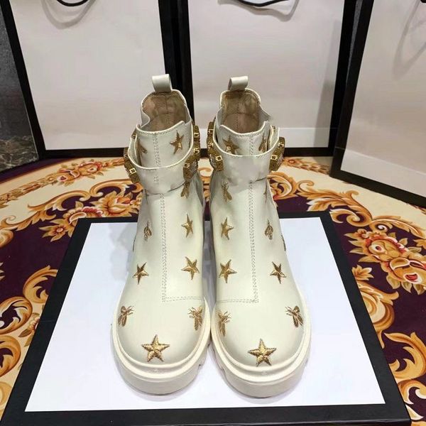 

2019 female martin boots with box women's trip embroidered leather ankle boot with belt boots and booties for women shoes 0gg1, Black