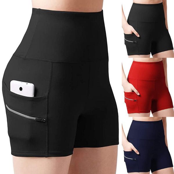 

fashion women's pure double pockehigh waist hip stretch running yoga shorts gym yoga leggings with side pocket30, White;red