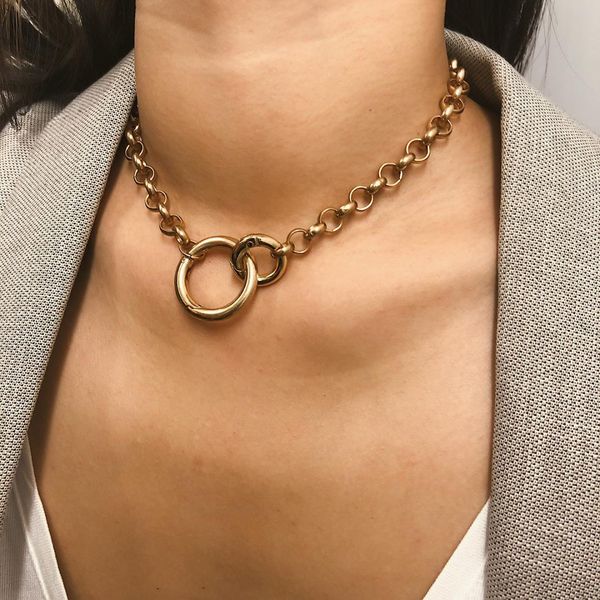

punk circle choker necklace hip hop jewelry 2019 fashion statement thick chain necklace collier ras du cou, Golden;silver