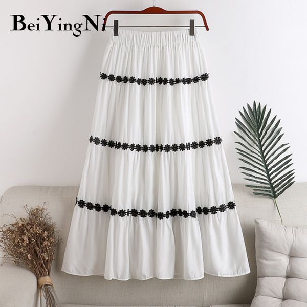 

beiyingni floral patchwork pleated skirt women long casual elegant high street midi skirts ladies white black fashion boho saias