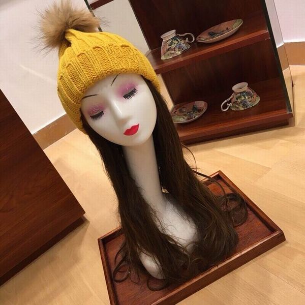 

2019 fashion knitting cotton hats women men soft winter warm yellow hats with brown hair ball hat with box, Blue;gray