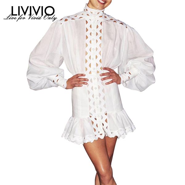 

livivio] long lantern sleeve stand collar elastic waisted bodycon ruffle hem mini dress women 2019 autumn fashion clothing, Black;gray