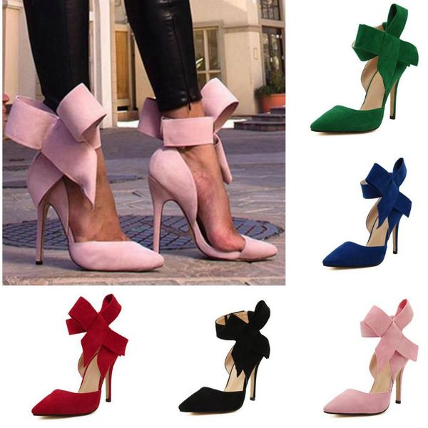 Плюс размер обувь женщин большой галстук бабочка насосы 2019 butterfly заостренные шпильки женщины обувь высокие каблуки замшевые свадебные ботинки Zapatos de Mujer оптом