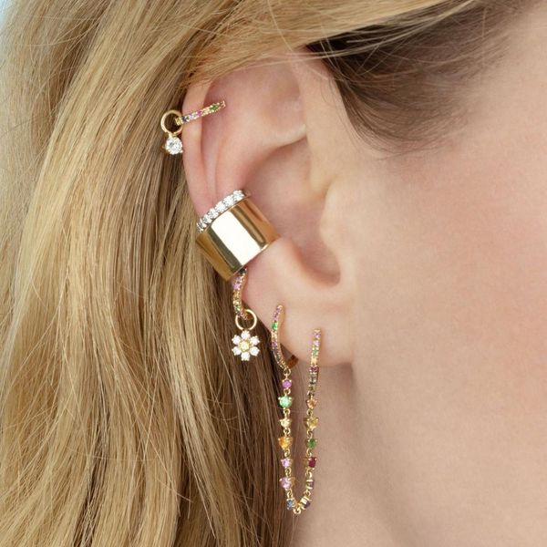 

2019 classic fashion women double piercing 2 hole hoop earrings dainty long cz tassel chain link small huggie gorgeous jewelry, Golden;silver