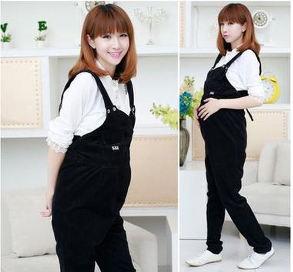 

2019 lovely bear corduroy maternity overalls front zipper jumpsuits bib pants autumn winter trousers for pregnant women sh-w246, White