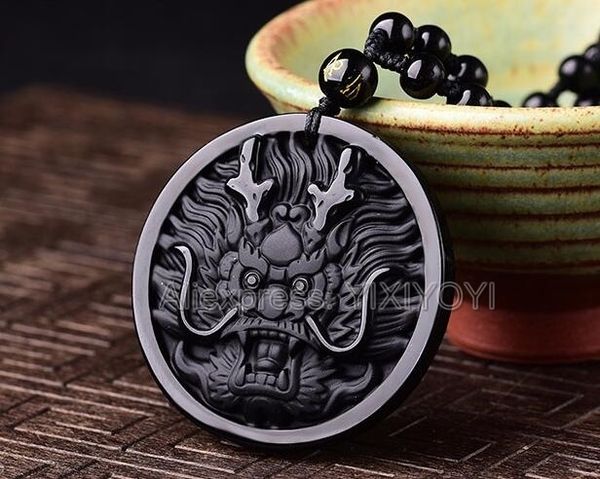 

100% natural black obsidian carved chinese dragon head lucky amulet pendant + necklace fashion jewelry for woman and man, Silver