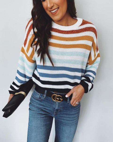 

2019 net red explosion models rainbow contrast color striped sweater women's round neck pullover sweater, White;black