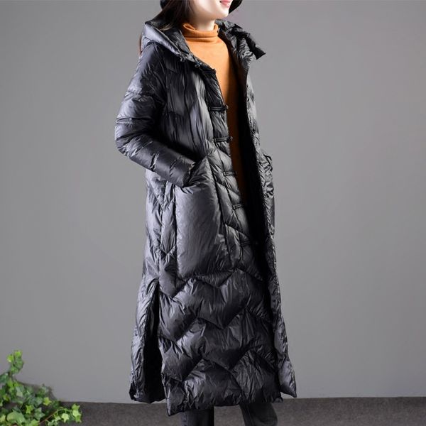 

national wind retro frog white duck down jacket long slit large pocket hooded warm cotton-padded clothes women's winter yi, Black;white