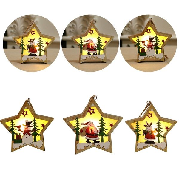 

6 styles of wooden star round frame lamp luminous christmas tree christmas party ornament hanging pendant