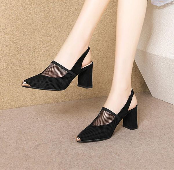 

women sandals 2020 fashion summer shoes women high heels hollow mesh sandals pointed toe mujer sandalias, Black
