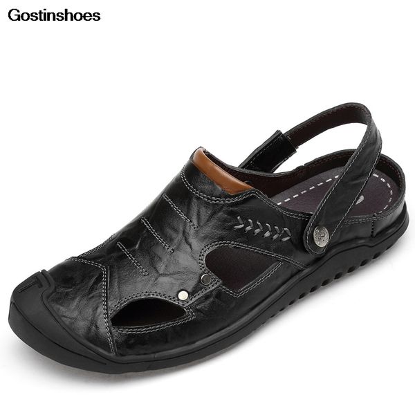 

sandal men cow leather sandales large size closed toe casual man shoes mens sandals summer, Black