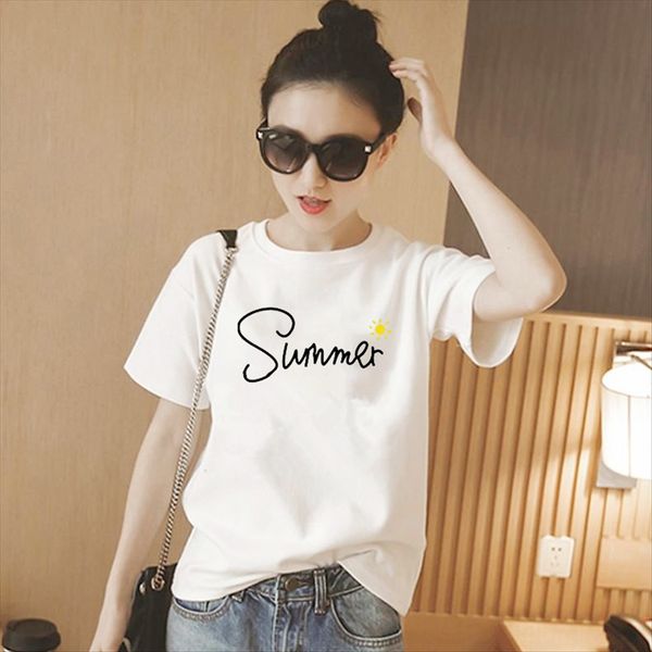 

летняя белая одежда футболка женская harajuku стиль бф короткий рукав футболки студент свободный универсальный половина рукав одежды, White