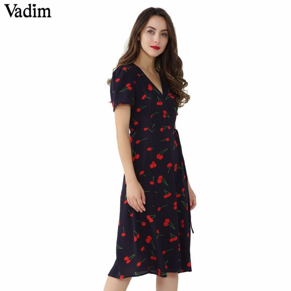 

Vadim vintage V neck floral pattern midi wrap dress cherry dress bow tie cross design short sleeve retro vestido mujer QZ3506