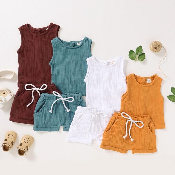 

toddler baby boys girls sleeveless solid print vest +shorts outfits set, White