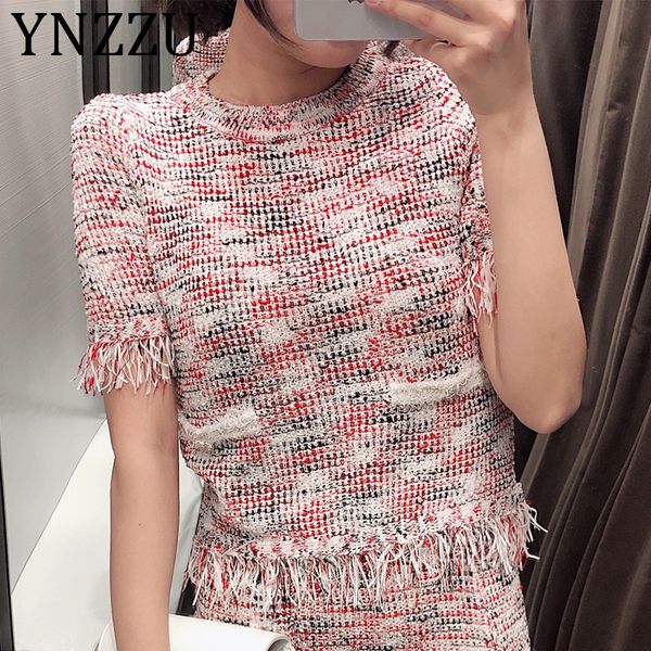 

ynzzu tassel knitted tweed short sleeve women and blouses 2019 summer new casual o neck loose female pullover blusas at232, White