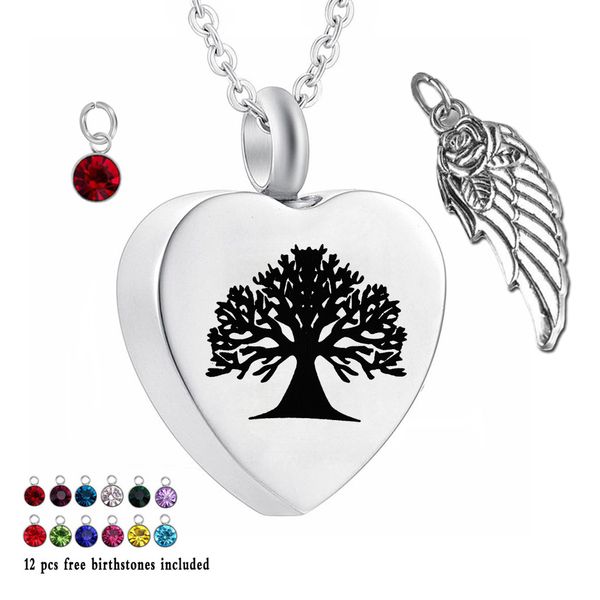 

life tree 12 piece birthstone crystal urn necklace heart memorial keepsake holder pendant ash cremation jewelry for ashes, Silver