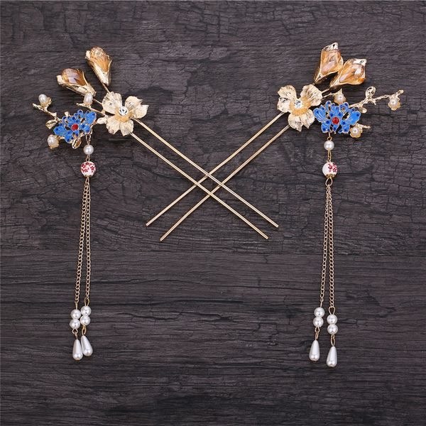 

chinese style blue hand-made hairpin gazebo pavilion antique hair sticks brides hair ornaments, Golden;white