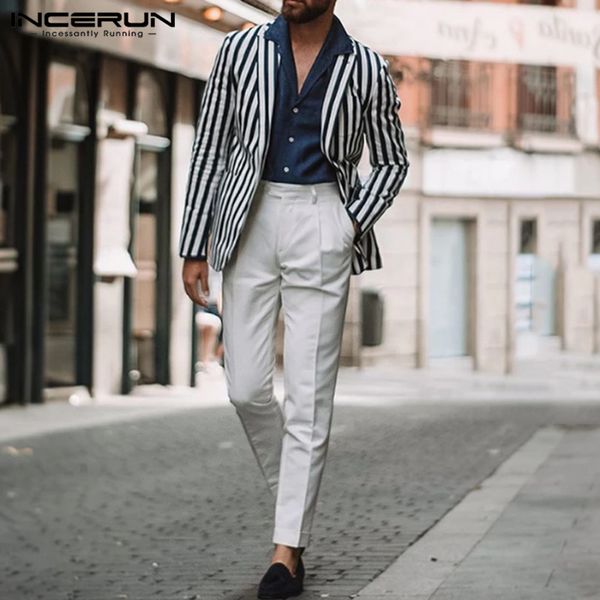 

incerun british casual men lapel striped suit jackets coats fashion elegant single breasted slim comfort mens blazers outerwear, White;black