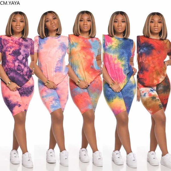 

2020 women summer two pieces sets tracksuits short sleeve tie-dye print t-shirt shorts 2 pcs suit fitness sporty outfits gl6141, White