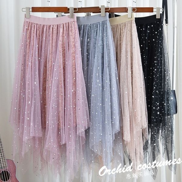 

skirts high waist stars paillette pleuche lining irregular gauze half-body skirt long fund, Black