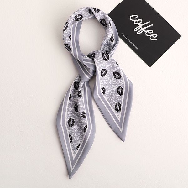 

2020 lip print women silk scarf small handle bag ribbons female head scarves gray foulard, Blue;gray