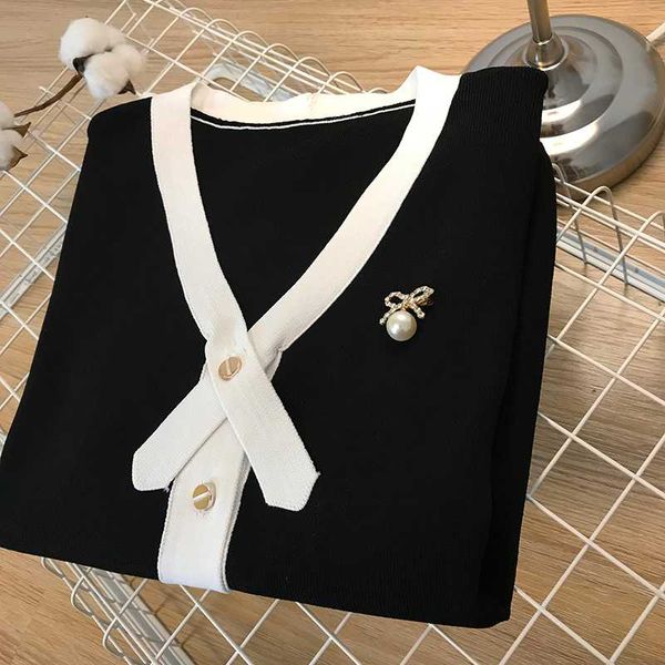 

v-neck patchwork beading knitted sweater women short sleeve slim pullover modis sweaters basic 2020 summer new arrival, White;black